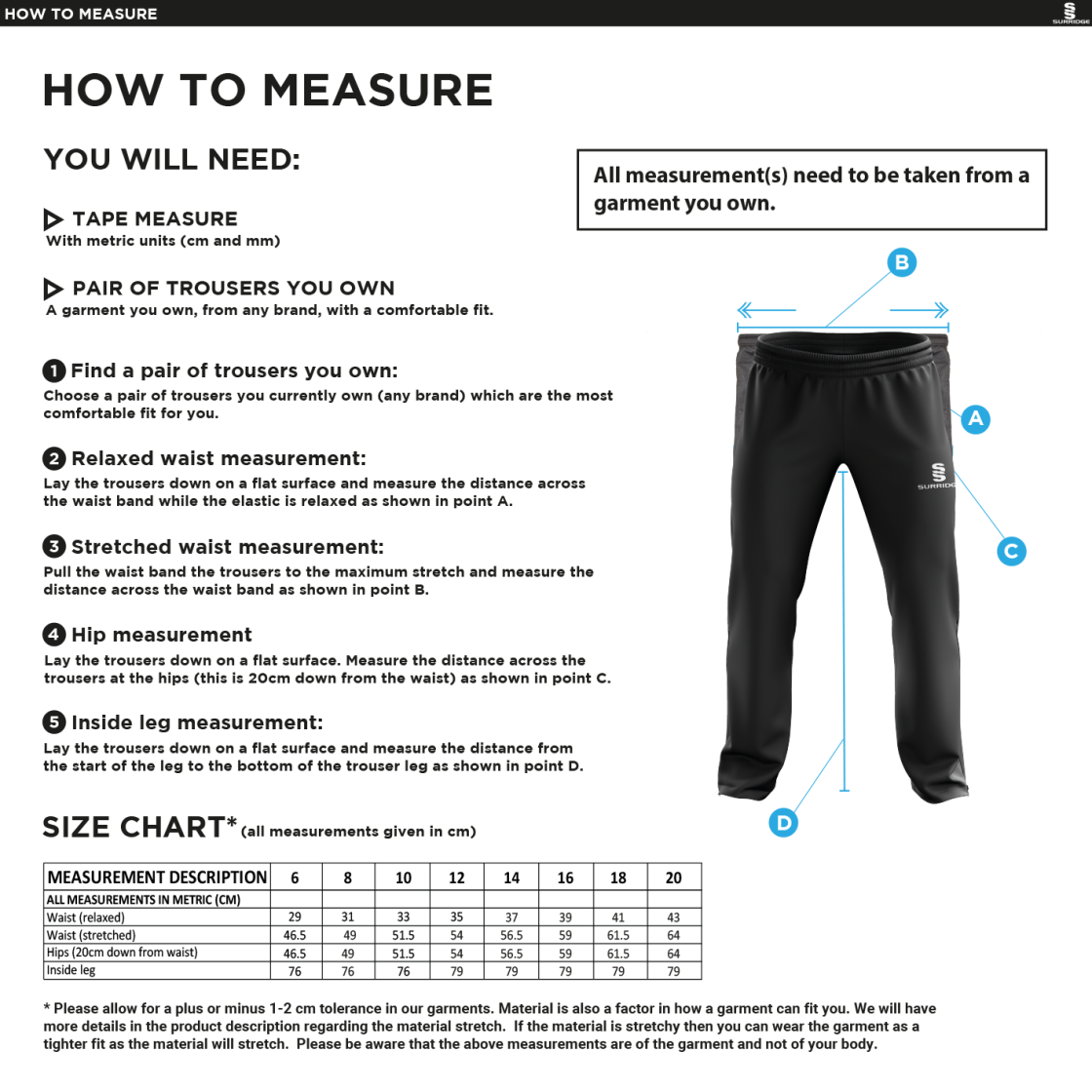 TOWER HAMLETS DISTRICT NETBALL RIPSTOP TRACK PANT NAVY - women's - Size Guide
