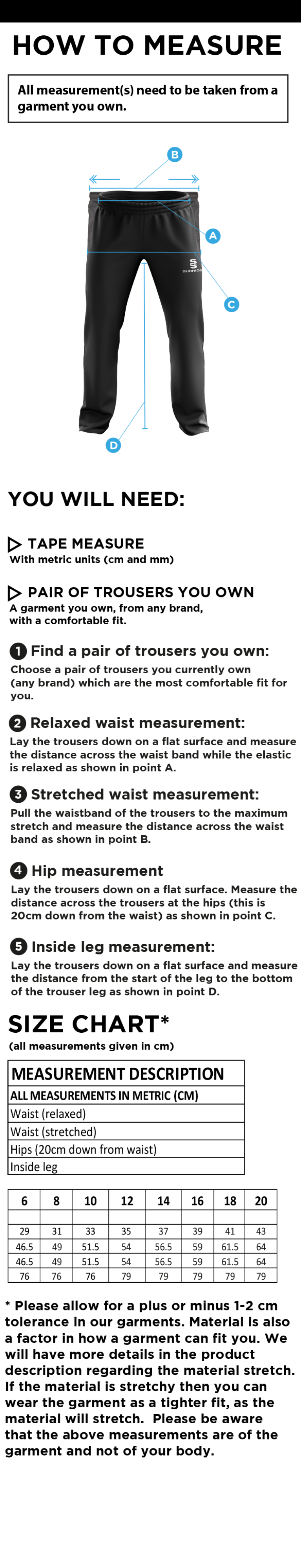 TOWER HAMLETS DISTRICT NETBALL RIPSTOP TRACK PANT NAVY - women's - Size Guide